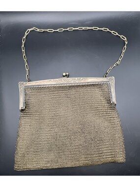 Antique Art Nouveau German Silver Mesh Purse Engraved 6.5" 290g